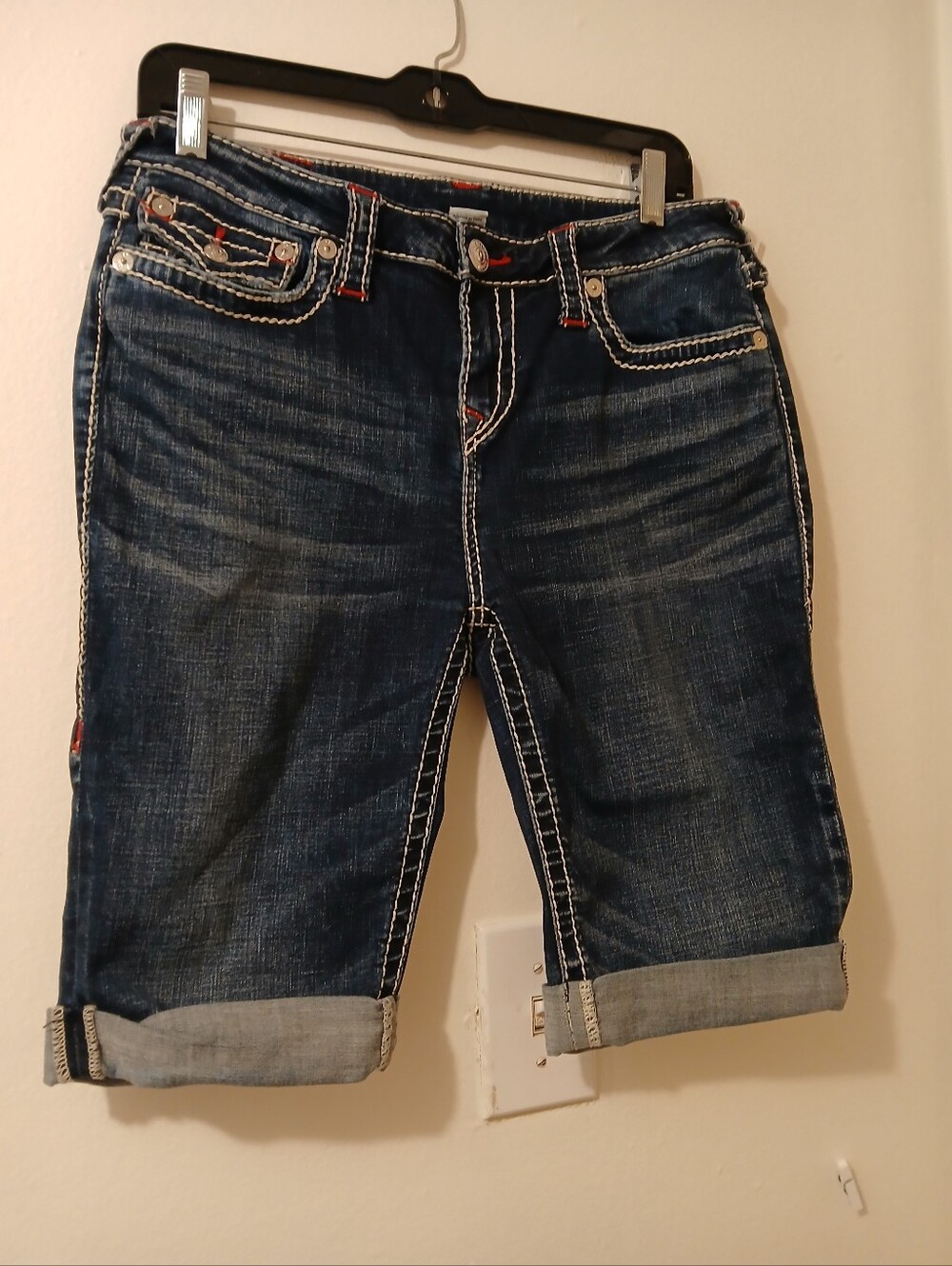 Dark Wash Denim Bermuda Shorts with Contrast Stitching